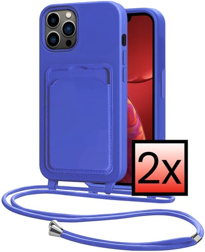 Hoes Geschikt voor iPhone 13 Pro Hoesje Pasjeshouder Cover Met Koord Case Siliconen Hoes Met Telefoonkoord en Kaarthouder - Felblauw - 2 PACK