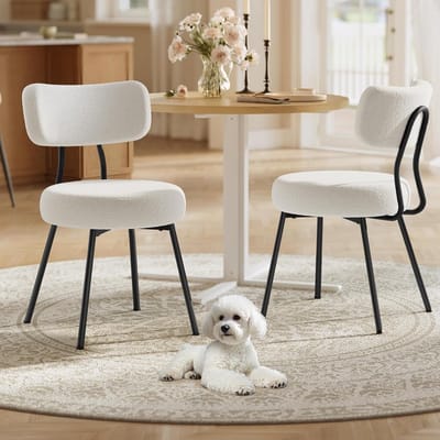 Luxe Scandinavische Gestoffeerde Eetkamerstoelen Set van 2 – Crème Wit Fleece, 59x48,5x82,5 cm Comfort Stoelen met Stalen Frame en Gebogen Rugleuning