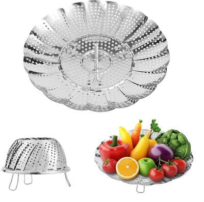 Stoommand - Groentestoommachine - Fruitmand - Asfaltmand - 304 hoogwaardig roestvrij staal - Stoomstand - Stoompannen - Verstelbaar - Opvouwbare stoommand - Meerspecifiek, eenvoudig op te nemen - 24 cm in diameter - Voor verschillende kookprocessen