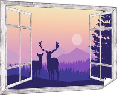 Gards Tuinposter Doorkijk Twee Herten - Zonsondergang - Silhouet - 180x120 cm - Tuindoek - Tuindecoratie - Wanddecoratie buiten - Tuinschilderij