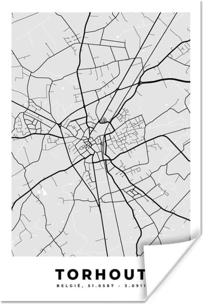 Poster Zwart Wit – België – Plattegrond – Stadskaart – Kaart – Torhout - 120x180 cm XXL