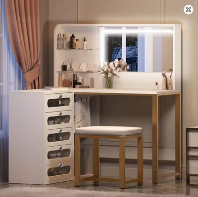 Hoek Kaptafel met Spiegel en LED Verlichting – Luxe Make-up Tafel 120 cm met 5 Lades, Open Planken & Kruk – Moderne Schminktisch Wit/Goud