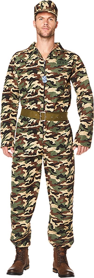 Karnival Costumes Verkleedkleding Leger kostuum voor mannen Camouflage Carnavalskleding Heren Carnaval - Polyester - Maat M - 3-Delig Jumpsuit/Riem/Hoed