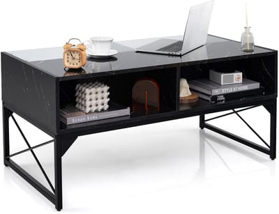 COSTWAY Led-salontafel, woonkamertafel, marmerlook, koffietafel met instelbare lichtkleuren en helderheid, afstandsbediening en 4 opbergvakken, salontafel voor woonkamer, 105 x 55 x 50 cm (zwart)