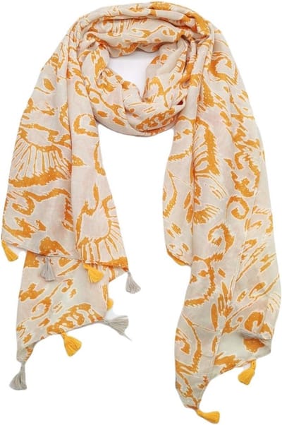 Lange dames sjaal Alita fantasiemotief oranje beige wit