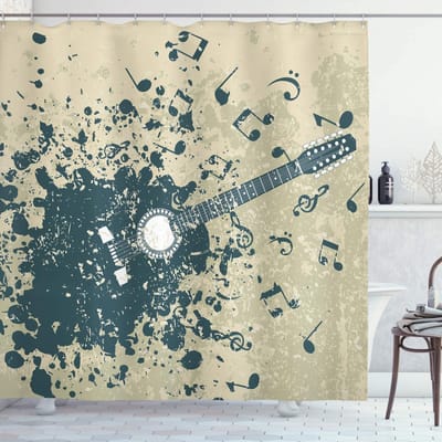 ABAKUHAUS douchegordijn – Akoestische Gitaar – 175x240 cm – Beige/donkerblauw