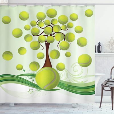 ABAKUHAUS Douchegordijn – Tennispatroon – 175 x 200 cm – Lichtgroen Bruin Wit