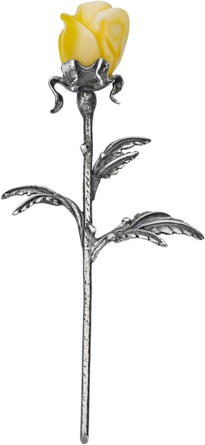 Eeuwige Roos - Zilveren Bloem - Decoratie Binnen - Handgesneden Barnsteen - 7 cm Hoog - Geel Roze