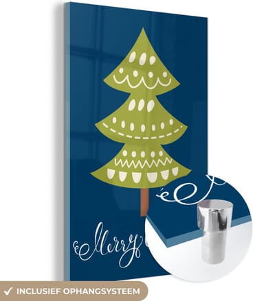 MuchoWow® Glasschilderij 40x60 cm - Schilderij acrylglas - Kerstboom - Kerst - Quotes - Merry christmas - Dennenboom - Blauw - Foto op glas - Schilderijen