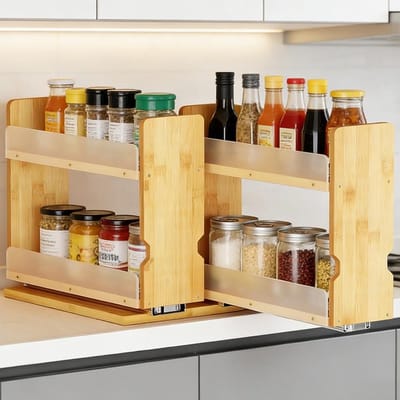 Uitbreidbaar Kruidensysteem met 2 Niveaus, Keukenorganiser voor Flessen, Olie en Ingrediënten, Geschikt voor de meeste Keukenkasten en Kasten (T27 x B18 x H24)