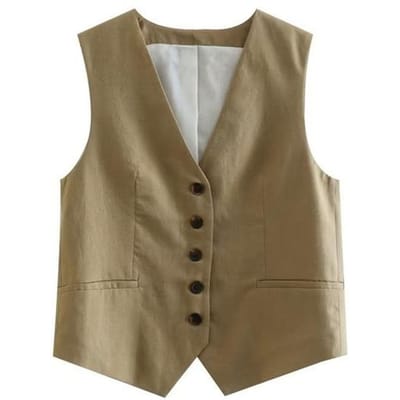 Willshela Damesmode Solid Single Breasted Vest Vintage V-hals Mouwloos Vrouwelijke Chic Lady Tank Tops XS kaki