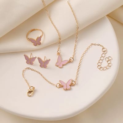Meisjes Sieradenset (vanaf 10 jaar) – kinderketting meisje - Vlinder - Ring, Oorbellen, Ketting & Armband – Goudkleurig met Roze Details