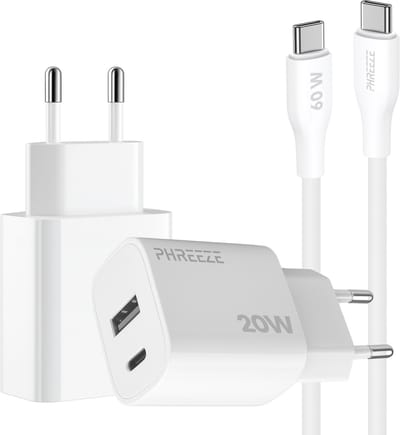 Phreeze usb C adapter 20w met usb C naar usb C kabel 1 meter - Snellader met 2 poorten Quick Charge en Power Delivery oplader