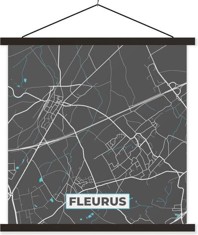 Posterhanger incl. Poster 60x60 cm - Schoolplaat - België – Fleurus – Stadskaart – Kaart – Blauw – Plattegrond - Textielposter - Zwarte latten - Stadskaart