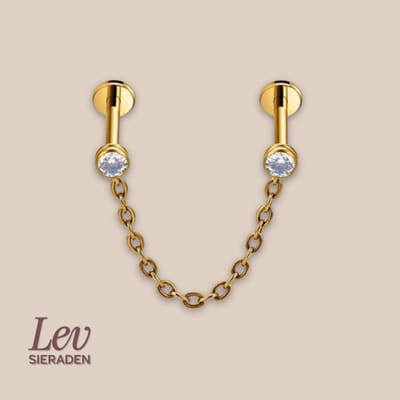 Lev Sieraden - Goud kleur Titanium Dubbel 1.2 Titanium Push Pin Labret met ketting en steen