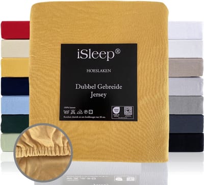 iSleep Dubbel Gebreide Jersey Hoeslaken - Hoge Hoek - Rondom Elastiek - Eenpersoons - 80/90x200 cm - Oker Geel