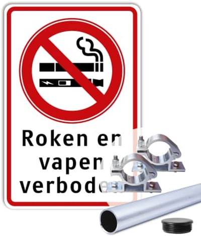 Bord Roken en vapen verboden - Weerbestendig Aluminium - 30x45 cm - Bevestiging: Met paal 150 cm + paalbeugels + paaldop