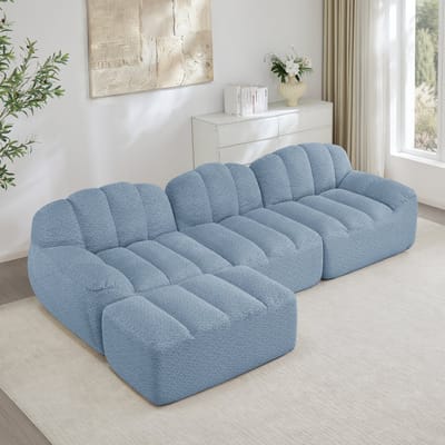 MODENUIT Hoekbank 3-Zits - Modulair Met Hocker - Voor Woonkamer En Appartement - Granulaire Fleece - Blauw