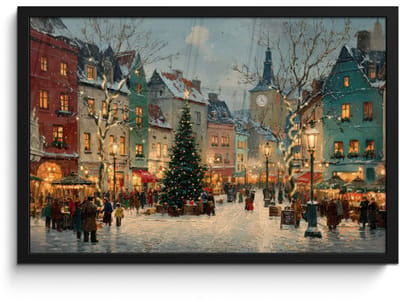 Poster in lijst - Fotolijst 60x40 cm - Posters - Kerstsfeer - Stadsplein - Kleurrijk - Posterlijst zwart - Decoratie - Wanddecoratie woonkamer - Muurdecoratie slaapkamer - Kerstversiering - Kerstdecoratie voor binnen - Kerstmis