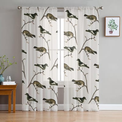 Kerst Vogel Tak Tule Gordijnen Voor Woonkamer Slaapkamer Huisdecoratie Chiffon Transparant Voile Keukengordijn 135W x 114H(cm) white
