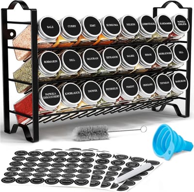 BOTC Kruidenrek Organizer met 24 Kruidenpotjes - Kruiden Organizer - 3 Laags Spice Rack - Complete set met Strooideksels, Voorbedrukte Stickers en Trechter - Zwart