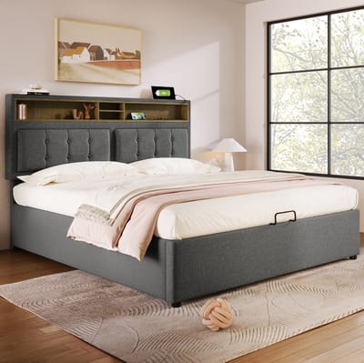 MEUNIQ tweepersoons bedframe 160x200 cm met opbergruimte, verstelbaar hoofdbord, USB-C en stopcontacten, lattenbodem, stoffen bed voor slaapkamer, grijs