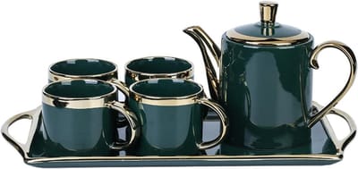 Porseleinen Theeservies - Theeset Koffiekopjes - Afternoontea Genieten - Gouden Rand Bloemendessin - 750 ml Theepot 250 ml Kopje - Groen