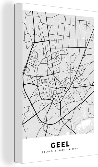 Canvas Schilderij België – Geel – Stadskaart – Kaart – Zwart Wit – Plattegrond - 20x30 cm - Wanddecoratie