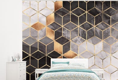 Behang - Fotobehang Abstract - Kubus - Goud - Patronen - Zwart - Wit - Breedte 300 cm x hoogte 240 cm