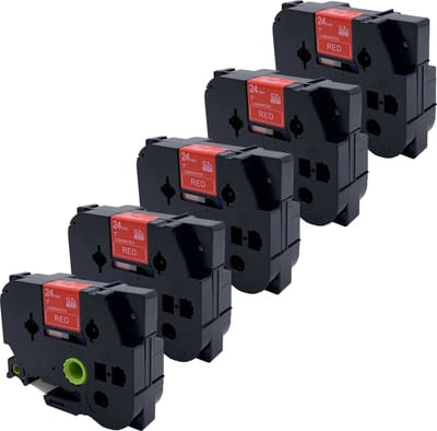 DULA Brother Compatible label tape- Tze-455 - 5 cassettes - Brother P-Touch - Wit op rood - 24mm x 8m