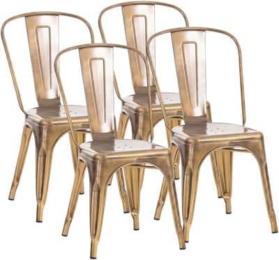 CLP Set van 4 Stapelstoelen Benedikt - Horecastoel met Rugleuning - Stapelbare Eetkamerstoel voor Keuken, Bistro en Café - Metaal - goud