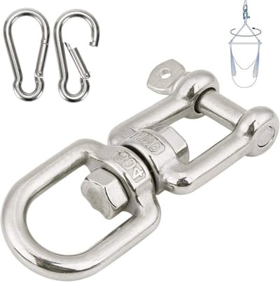 RVS draaikoppeling voor schommels, zandzakken en diverse ophangsystemen, tot 300 kg belastbaar met 2 karabiners
