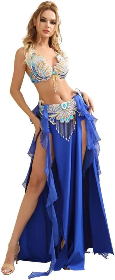 Bellydance set voor dames met outfit, kostuum, beha, riem en rok voor optredens en trainingen