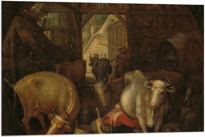 Dibond - Oude meesters - Koeien in stal; Heksen in de hoeken, Roelant Savery - 90x60cm Foto op Aluminium (Met Ophangsysteem)