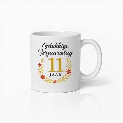 Gelukkige 11e Verjaardag Mok - Elegante Bloemenkrans Ontwerp Koffiebeker Cadeau voor Kinderen