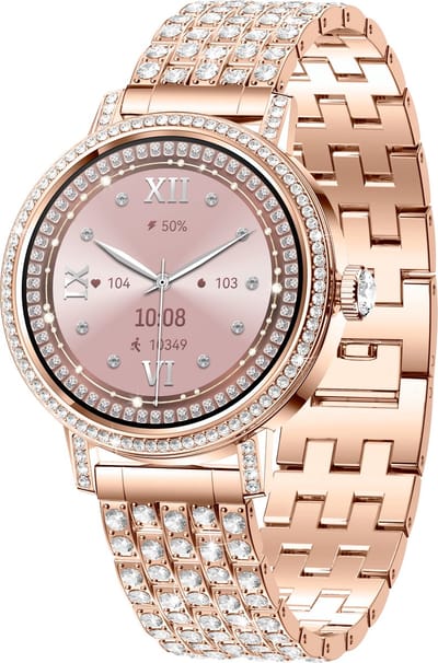 Knobbout 1.27" (3,2 cm) Scherm Smartwatch met Fonkelende Strass Steentjes – Luxe Design | Bellen via Bluetooth | Hartslag, Bloeddruk & SpO2 | IP67 Waterdicht | BT 5.3 | HD Scherm -Rosegoud