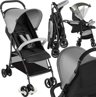 tectake® Buggy - Kinderwagen - Inklapbaar, 5-Puntsgordel, Verstelbare rugleuning en beensteun - Met rem, lichtlopende wielen - Praktische opbergmand - Zwart/grijs