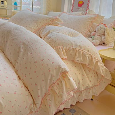 Koreaanse Prinsessenstijl Bloemen Ruffles Beddengoedset Gewassen Katoen Huidvriendelijk Zacht Dekbedovertrekset Hoeslaken Kussenslopen 3/4 Stuks Single 150X200 3pcs gray