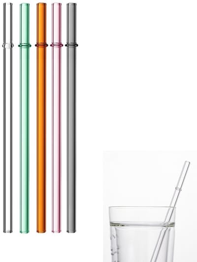5-delige Herbruikbare glazen rietjes - 19,5 cm kleurrijke drinkrietjes - Parelmoer melkthee glazen rietjes - 8 mm diameter - Geschikt voor smoothies, milkshakes, melk, koffie, alcoholische dranken - Transparant, roze, goud, grijs, groen