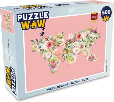 Puzzel Wereldkaart - Rozen - Roze - Legpuzzel - Puzzel 500 stukjes
