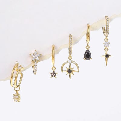 Zwarte Droppel Oorringen Set met Zirkonia Stenen - 14K Verguld Dames Oorbellen - Dames Sieraden