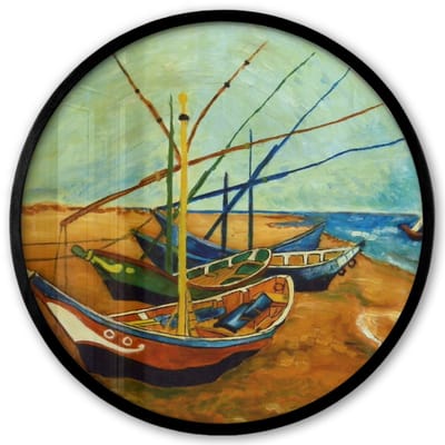 Poster in lijst Rond - Fotolijst 40x40 cm - Posters - Vissersboten op het strand - Vincent van Gogh - Ronde posterlijst zwart - Decoratie - Wanddecoratie woonkamer - Muurdecoratie slaapkamer
