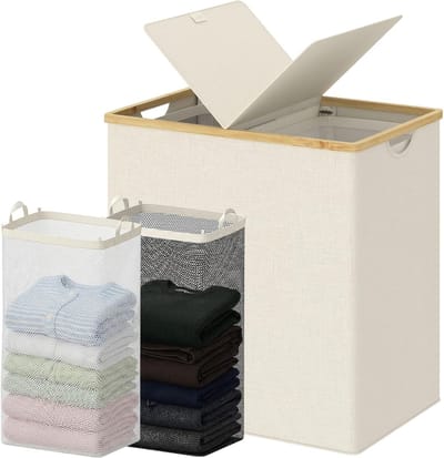 SnelShoppen - Efluky Wasmand met Deksel - Dubbele Wasmand met 2 Afneembare Zakken - 140L (90 Liter) Beige - Bamboe Handgrepen voor Badkamer, Slaapkame