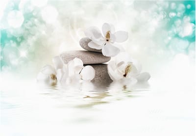 Fotobehangkoning - Behang - Vliesbehang - Fotobehang - Heavenly Peace - Wellness - Yoga - Zen - Bloemen - 300 x 210 cm