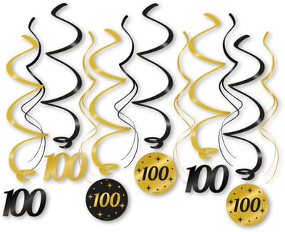 LUQ – Swirls 100 Jaar – Zwart-Goud – Luxe Hangdecoratie – Eeuwig Stijlvol – Birthday Slingers Versiering – 12 Stuks