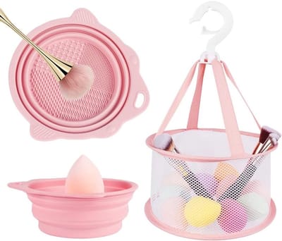 Vouwbare Make-up Borstel Reinigingsmat en Droognet, Silicone Borstelreinigingskom met Mesh Droogrek voor Spons, Poeder Puff en Borstels (Roze)