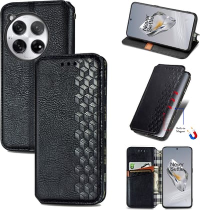 Luxe PU Lederen Ruitpatroon Wallet Case + PMMA Screenprotector voor OnePlus 12 _ Zwart