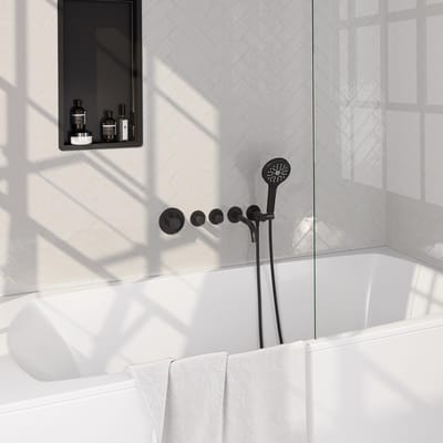 Brauer Black Carving Thermostatische Inbouw Badkraan Uitloop - 3 stand - Doucheslang - Wandaansluitbocht - Handdouche - Mat Zwart