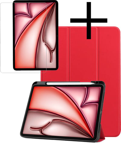 Hoes - Geschikt voor Apple iPad Air (2024/2025/2026) - 11 inch - Met Screenprotector - Trifold Bookcase - Hard Cover Case - Met Uitsparing Geschikt voor Apple Pencil - Hardcover Book - Tablet Hoesje - Rood