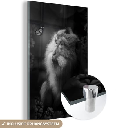 MuchoWow® Glasschilderij 40x60 cm - Schilderij acrylglas - Portret van een aap en een vlinder in de jungle - zwart wit - Foto op glas - Schilderijen